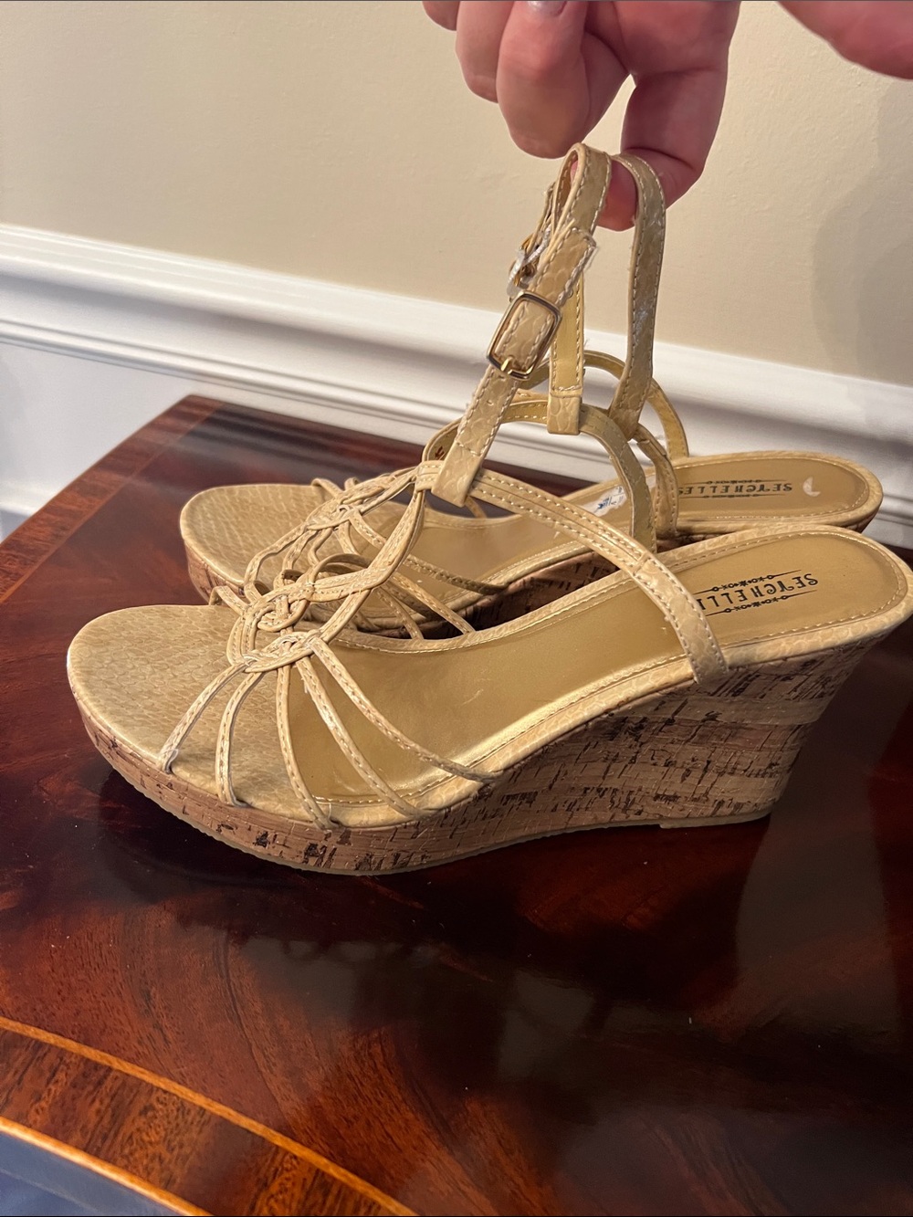 Seychelles Cork Wedge Strappy Sandal Tan Snakeskin Print Size 9M